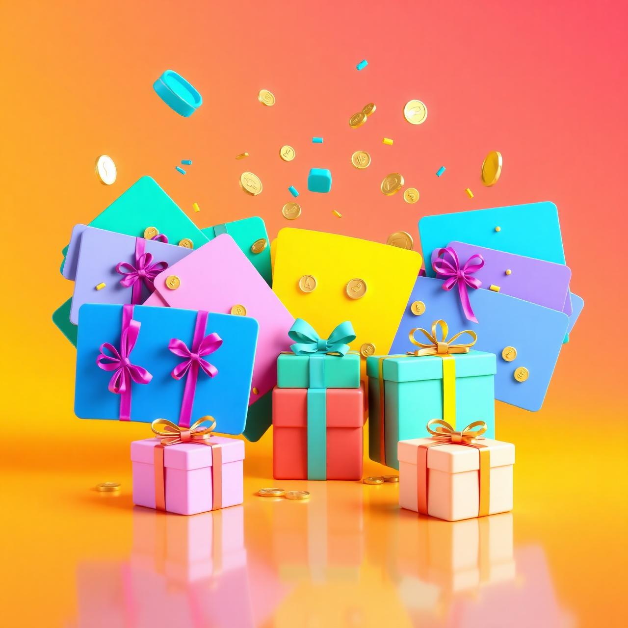 Colorful gift cards, coins and gift boxes